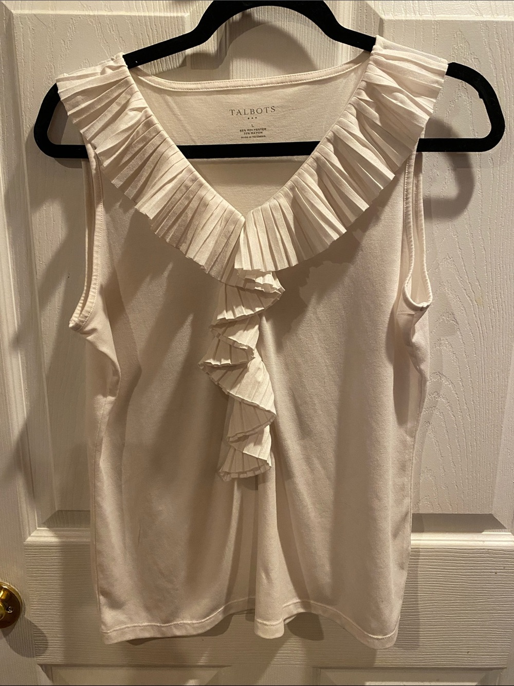 Talbots Ivory Sleeveless Pleated Ruffle V-Neck Top